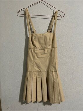 Divided Beige Pleated Strap Mini Dress